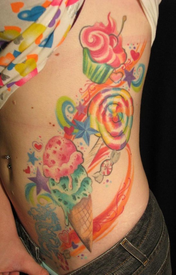 Colorful Ice Cream And Cupcake Tattoo On Girl Side Rib