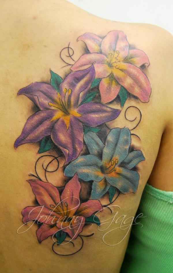 Colorful Lily Flowers Tattoos On Right Back Shoulder