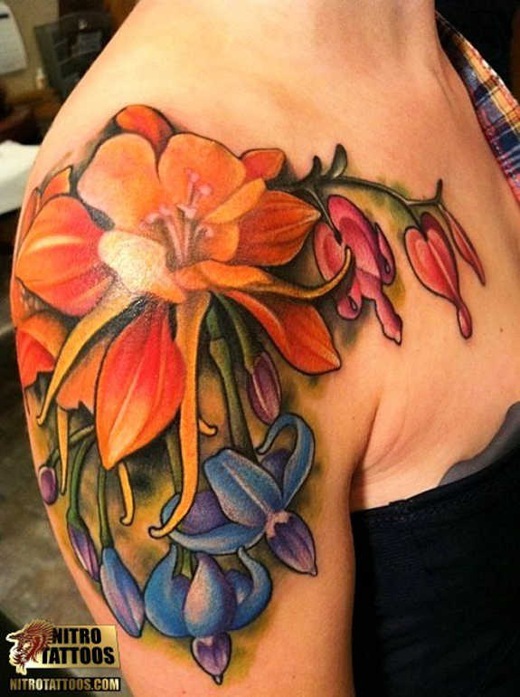 Colorful Lily Tattoo On Girl Right Shoulder