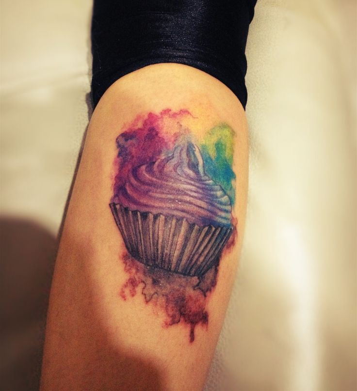 Colorful Realistic Cupcake Tattoo On Sleeve