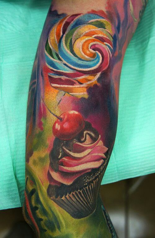 Colorful Realistic Cupcake Tattoos on Arm Sleeve