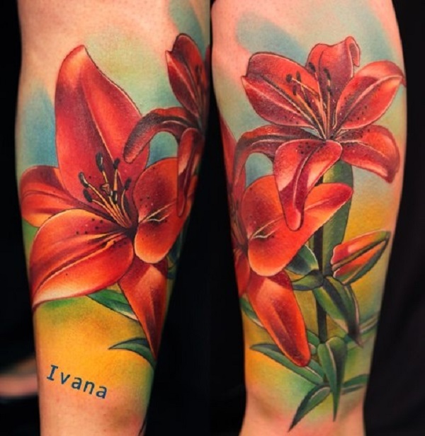 Colorful Realistic Lily Flowers Tattoos On Leg