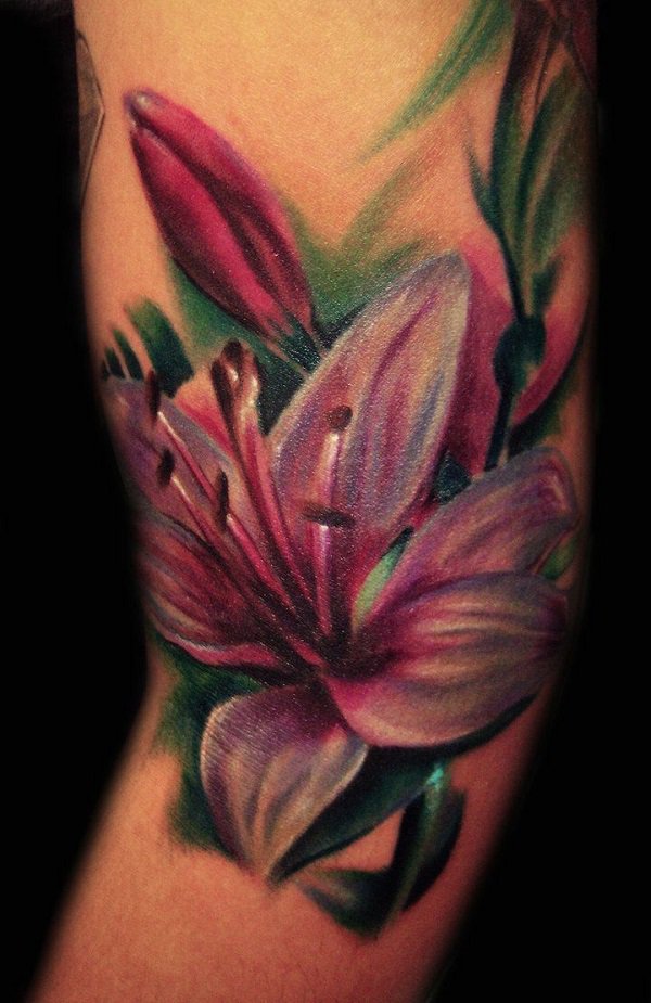 Colorful Realistic Lily Tattoo Design For Arm Sleeve