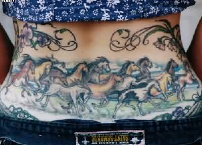 Colorful Running Horse Tattoo On Lower Back