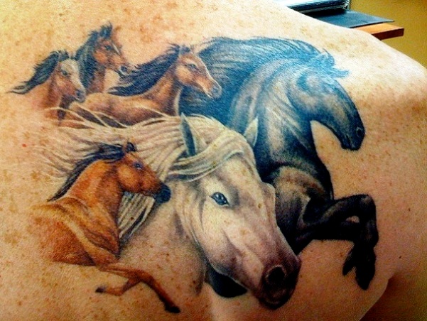 Colorful Running Horse Tattoos On Right Back Shoulder