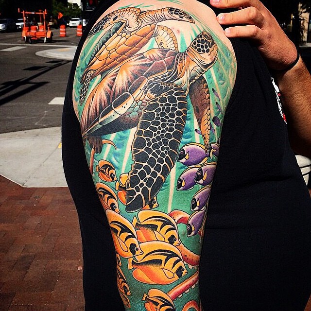 Colorful Sea Turtle Tattoos On Man Right Sleeve