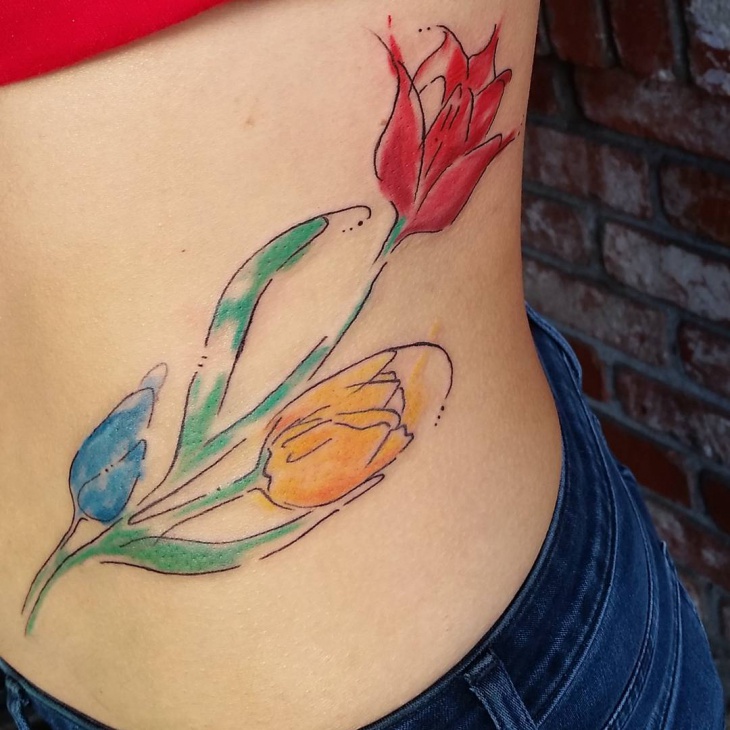 Colorful Tulip Flowers Tattoos On Side Rib