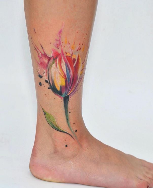 Colorful Tulip Tattoo On Side Leg