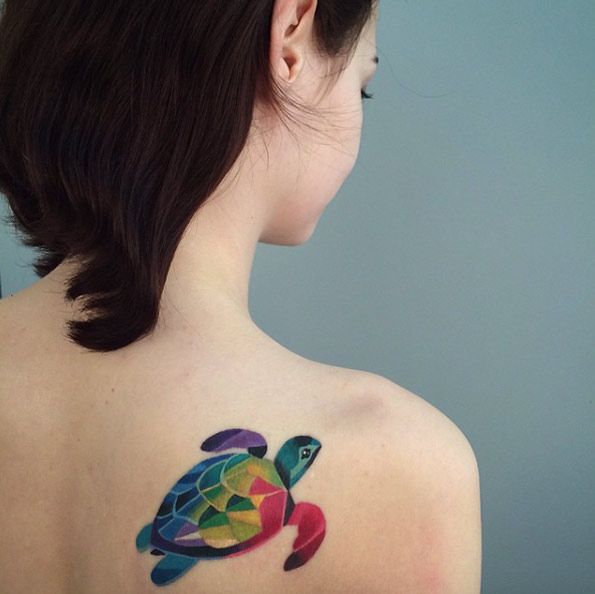 Colorful Turtle Tattoo On Girl Right Back Shoulder