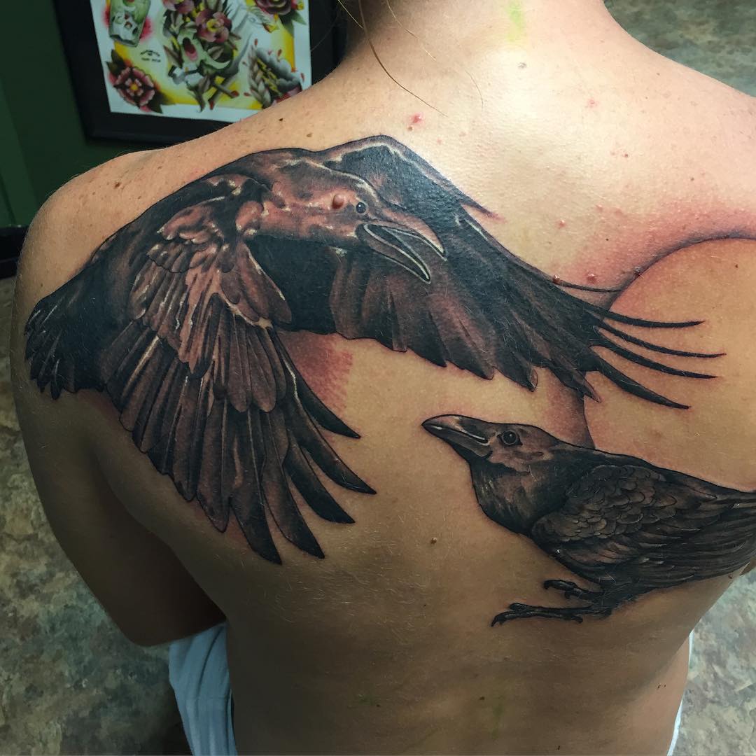 Couple Raven Tattoo On Man Back Body