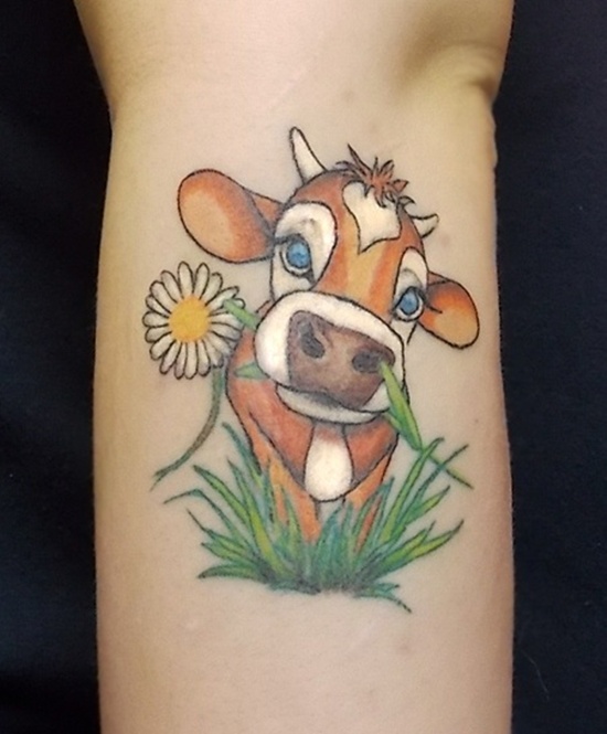 Cow With Daisy Flower Tattoo On Arm