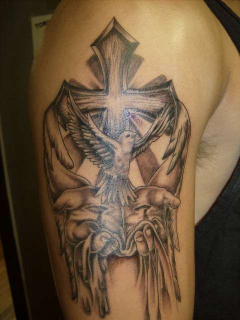 Cross And Flying Dove In Hands Tattoo On Half Sleeve