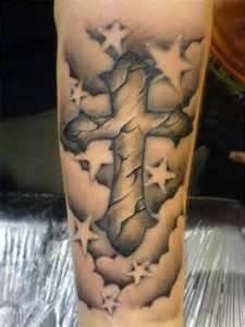 Cross With Stars and Clouds Tattoo On Arm Sleeve