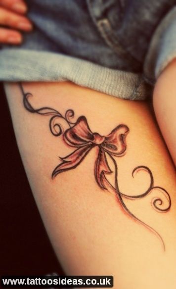 Cute Bow Tattoos On Girl Right Thigh