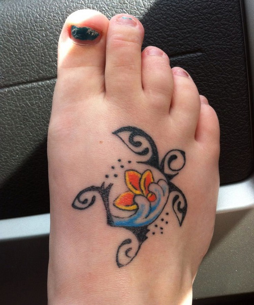 Cute Polynesian Turtle Tattoo On Right Foot For Women