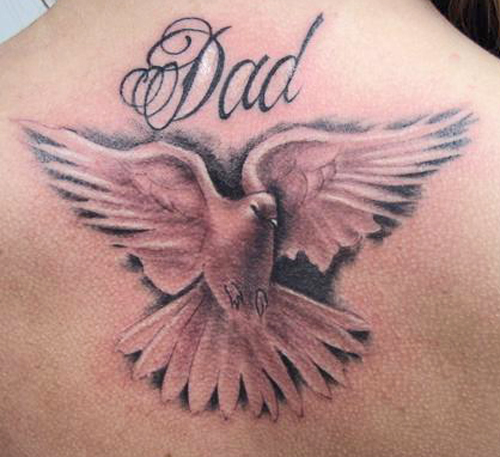 Dad Memorial Flying Dove Tattoo On Upper Back