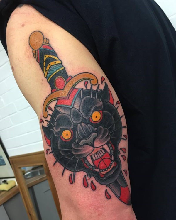 Dagger And Panther Head Tattoo On Arm Sleeve
