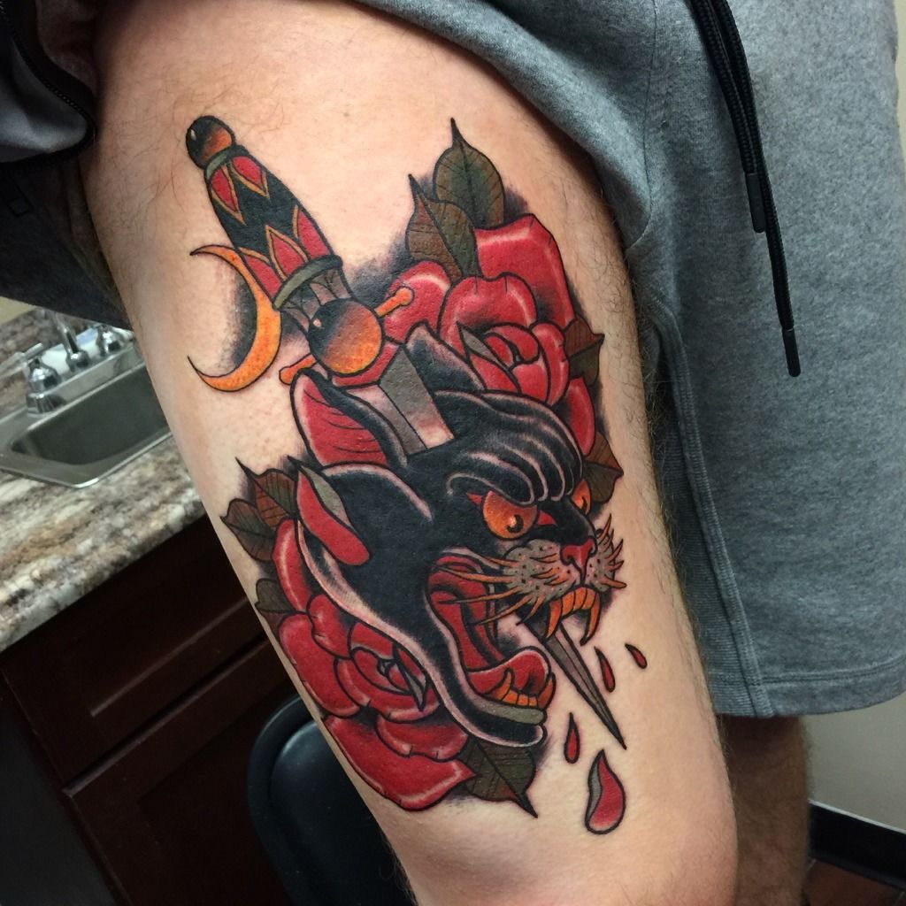 Dagger And Traditional Panther Tattoo On Leg