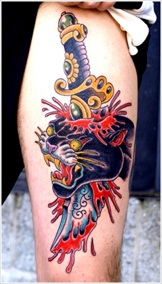 Dagger In Panther Head Tattoo On Leg Sleeve
