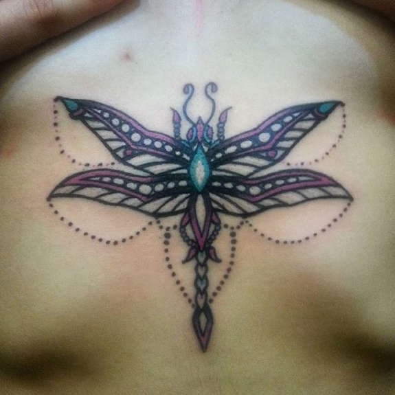 Dainty Dragonfly Tattoo On Front Body