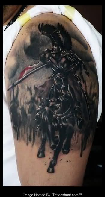 Dark Ink 3D Horse Tattoo On Left Shoulder