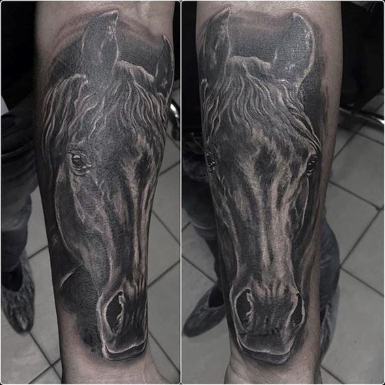 Dark Ink Horse Head Tattoo On Left Forearm