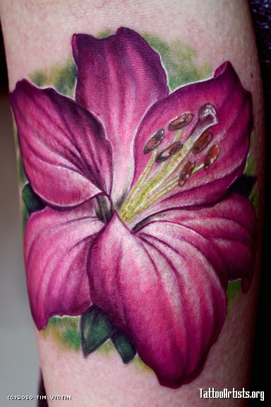 Dark Purple Ink Realistic Lily Tattoo On Arm Sleeve