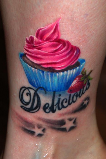 Delicious Realistic Cupcake Tattoo On Side Leg