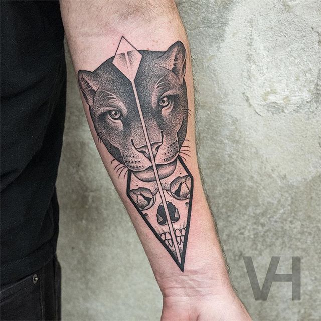 Dotwork Black Panther Tattoo On Left Forearm