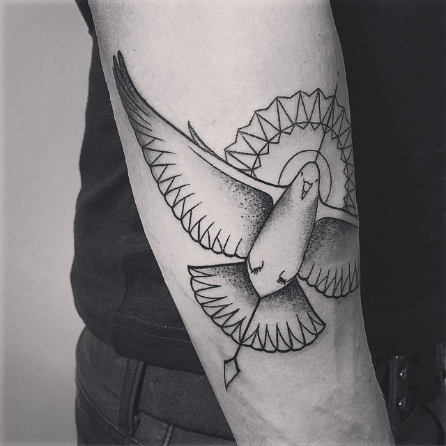 Dotwork Flying Peace Dove Tattoo On Arm Sleeve