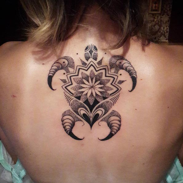 Dotwork Grey Turtle Tattoo On Girl Upper Back