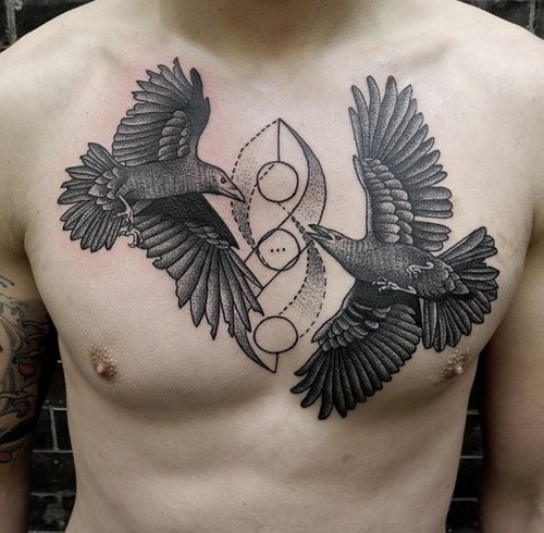 Dotwork Raven Tattoo On Man Chest