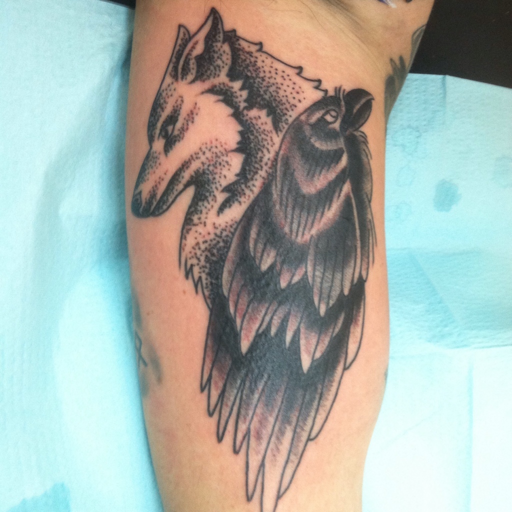 Dotwork Wolf Head And Raven Tattoo On Arm Sleeve