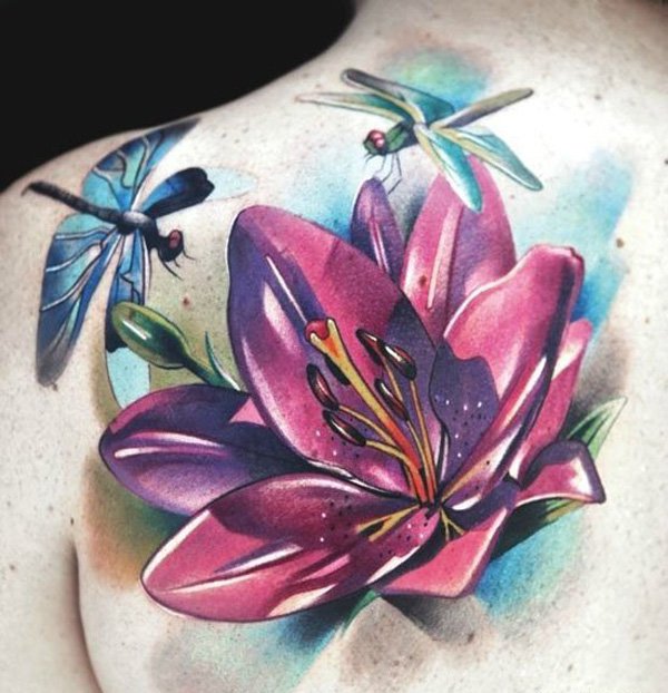 Dragonflies And Realistic Lily Tattoo On Left Back Shoulder