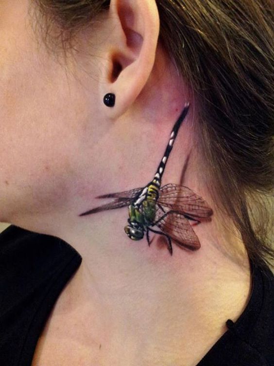 Dragonfly Tattoo On Girl Side Neck