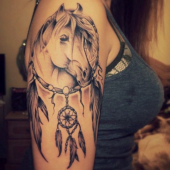 Dreamcatcher Horse Head Tattoo On Girl Right Half Sleeve