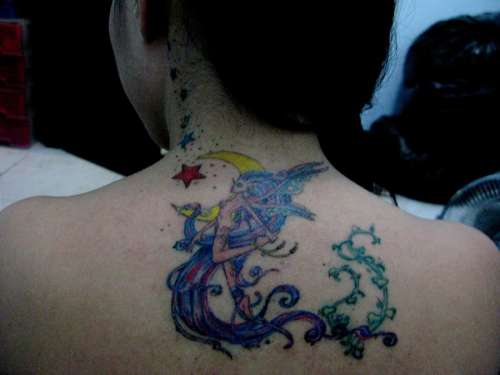 Fairy And Moon With Stars Tattoo On Upper Back