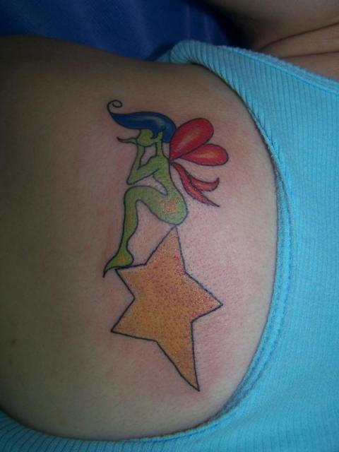 Fairy And Yellow Star Tattoo On Back Shoulder