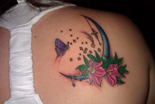 Fairy Moon With Stars And Butterfly Tattoo On Right Back Shoulder