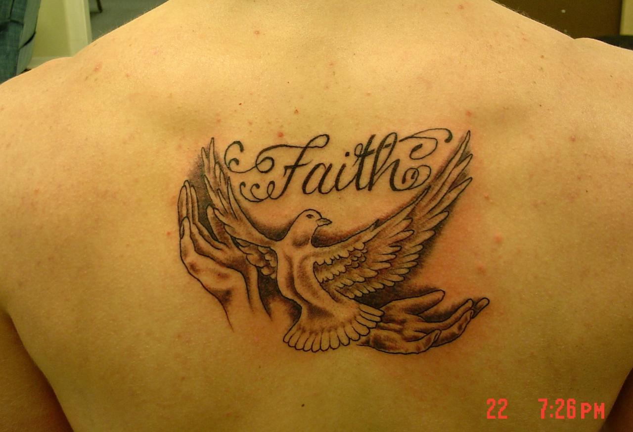 Faith Dove Tattoo On Upper Back