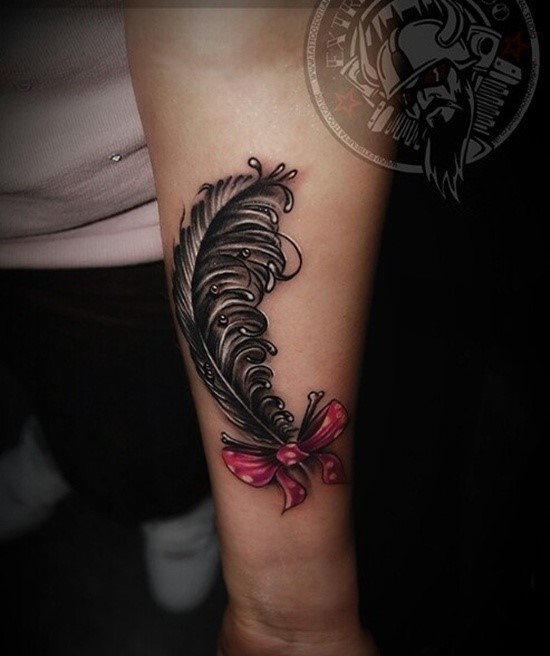 Feather Bow Tattoo On Arm Sleeve