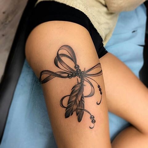 Feathers And Bow Tattoo On Side Thigh