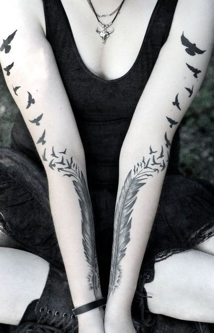 Feathers And Flying Raven Tattoos On Arm Sleeve