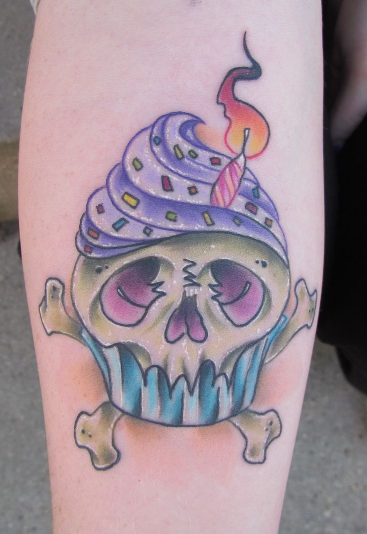Flaming Candle And Sugar Skull Cupcake Tattoo On Back Leg