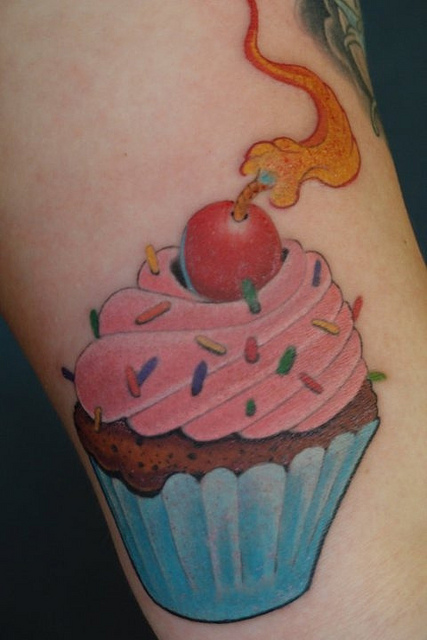 Flaming Cherry Cupcake Tattoo