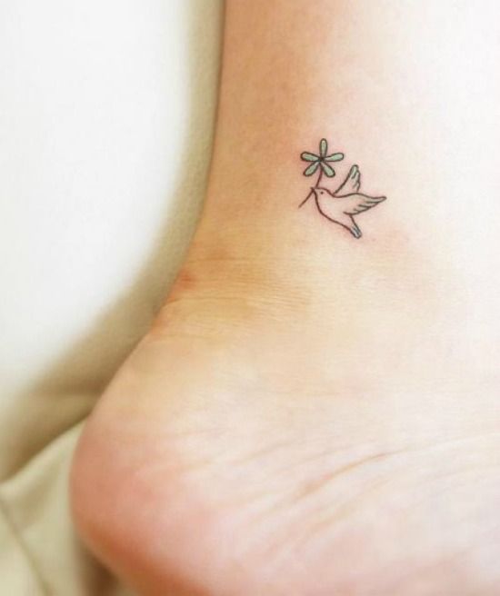 Flower And Small Dove Tattoo On Ankle