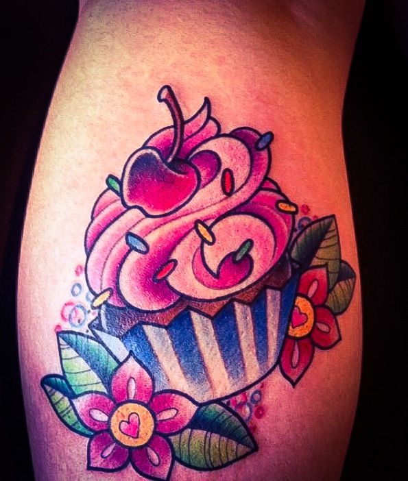 Flowers And Cupcake Tattoo On Back Leg
