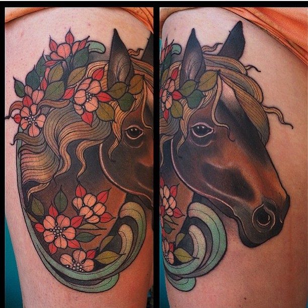 Flowers And Horse Tattoo On Thigh