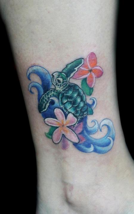 Flowers And Sea Turtle Tattoo On Girl Side Leg