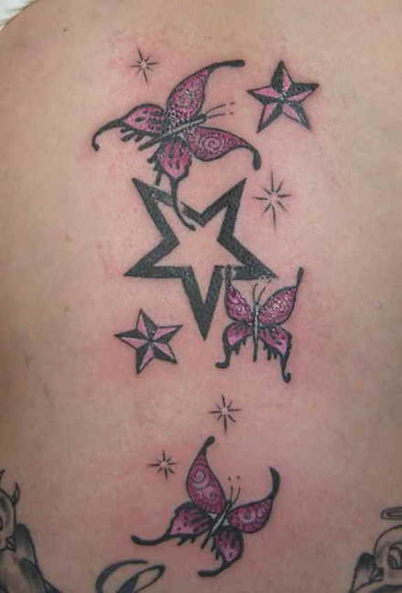 Flying Butterflies With Stars Tattoo On Back